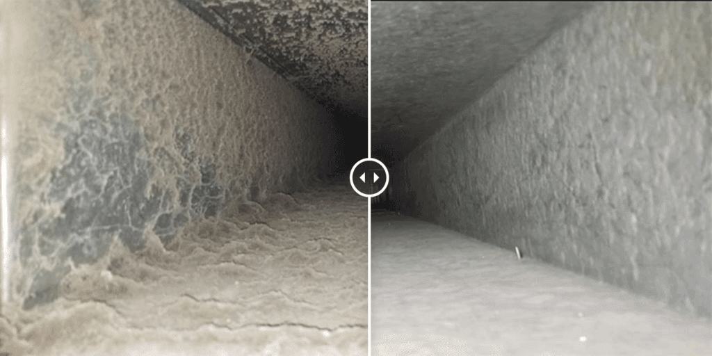 image of a cleaned out hvac duct and a dusty one side by side